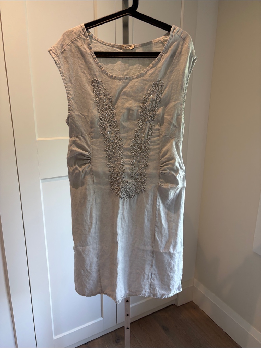 Embroidered Light Gray 100% Linen Shift Dress